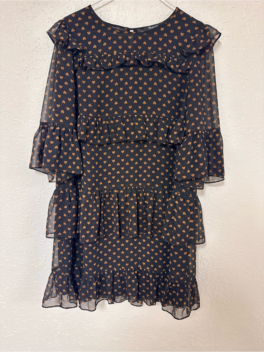 Madewell Heart Print Tiered Ruffle Mini Dress - Women's Size 6 - Black & Brown